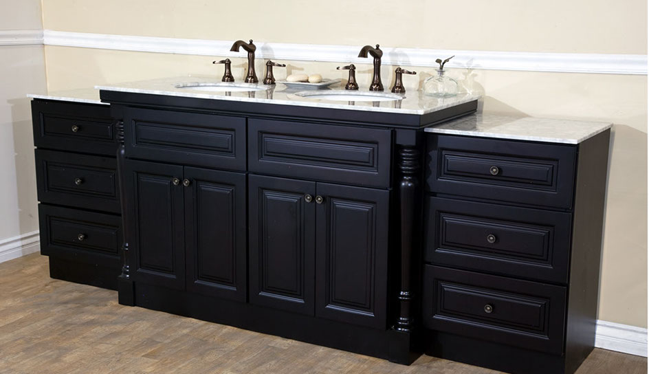 Raised Panel Double Bathroom Vanity, with and Ebony Lacquer Finish