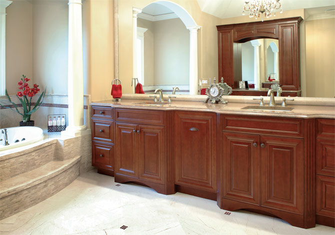 Maple Colonial Double Bathroom Vanity with a Red Mahogony Lacquer Finish