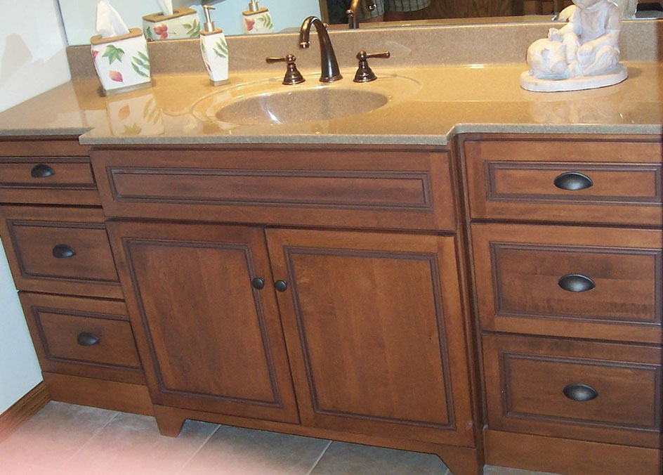 Traditional Maple Bathroom Vanity with a Honey Maple Lacquer Finish and Dark Glaze
