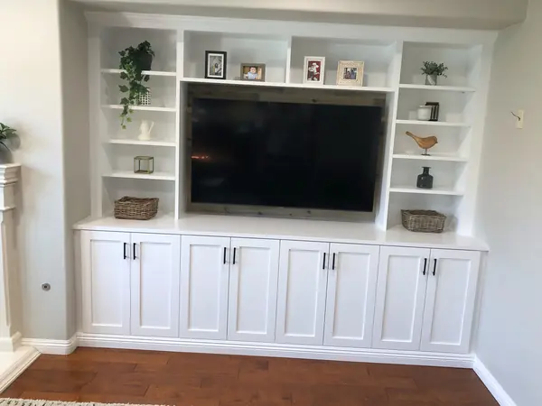 White media built-in with open shelving and shaker base cabinets, Camarillo