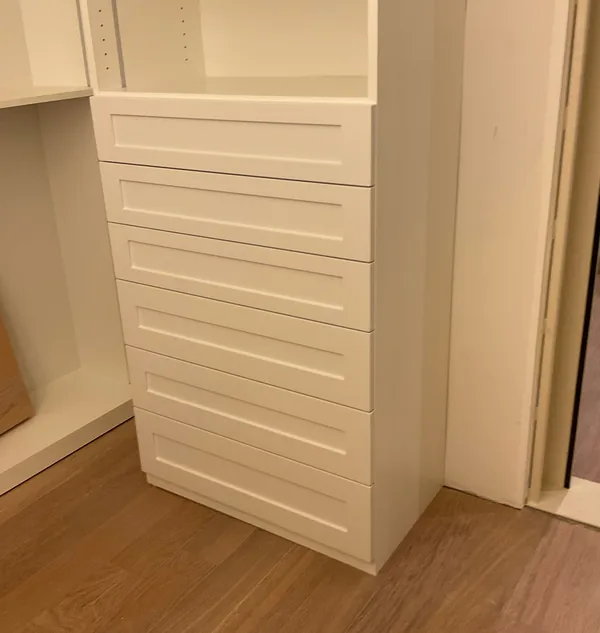 White shaker drawer tower in a walk-in closet, Hidden Hills