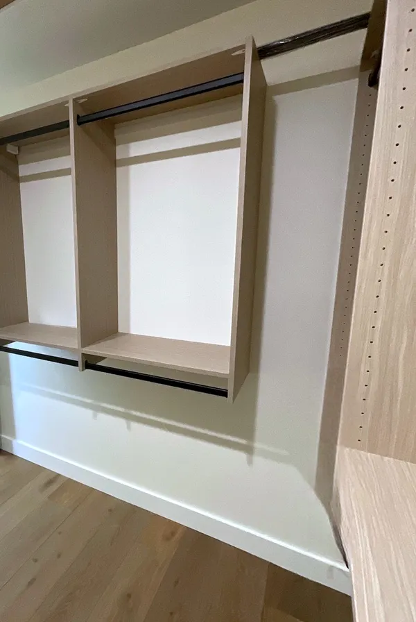 Double-hang closet section in KML Palomino textured melamine, master walk-in closet, Thousand Oaks
