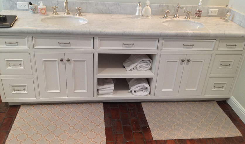 Beaded Inset Paint Grade Bathroom Vanity with a Swiss Coffee Lacquer Finish