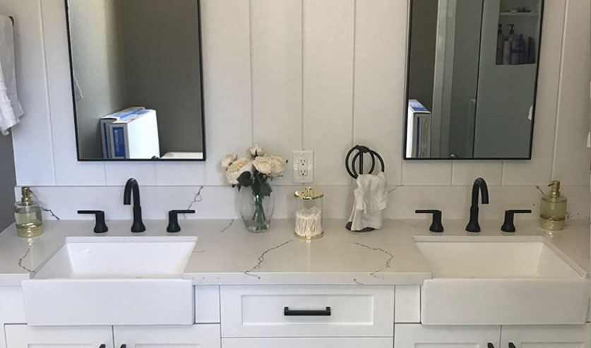 Maple Shaker Style Double Bathroom Vanity with a Rich Mahogony Lacquer Finish.