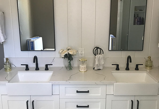 Maple Shaker Style Double Bathroom Vanity with a Rich Mahogony Lacquer Finish.