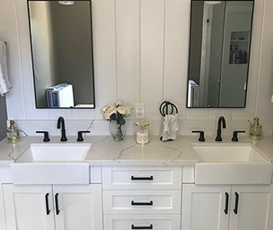 Maple Shaker Style Double Bathroom Vanity with a Rich Mahogony Lacquer Finish.