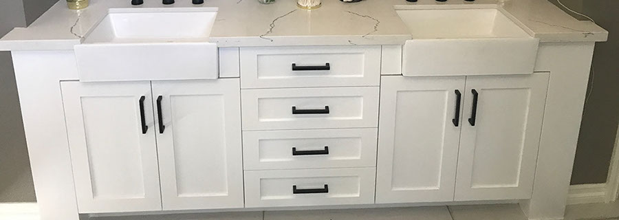 Maple Shaker Style Double Bathroom Vanity with a Rich Mahogony Lacquer Finish.