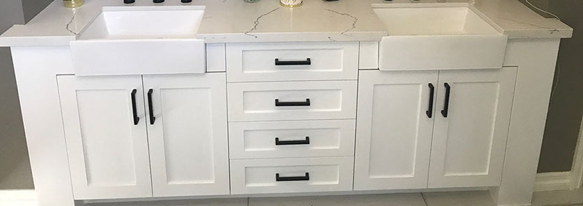 Maple Shaker Style Double Bathroom Vanity with a Rich Mahogony Lacquer Finish.