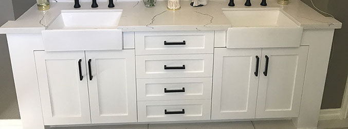 Maple Shaker Style Double Bathroom Vanity with a Rich Mahogony Lacquer Finish.