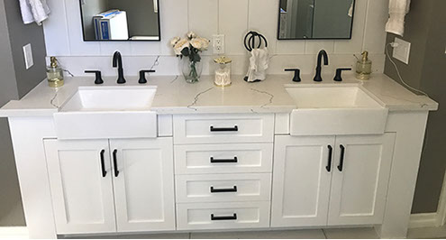 Maple Shaker Style Double Bathroom Vanity with a Rich Mahogony Lacquer Finish.