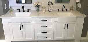 Maple Shaker Style Double Bathroom Vanity with a Rich Mahogony Lacquer Finish.