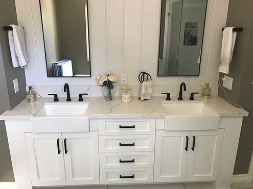 Maple Shaker Style Double Bathroom Vanity with a Rich Mahogony Lacquer Finish.