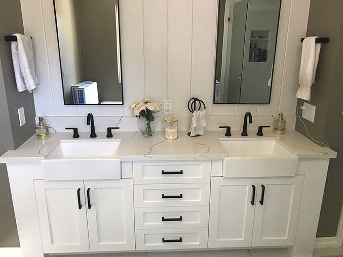 Maple Shaker Style Double Bathroom Vanity with a Rich Mahogony Lacquer Finish.