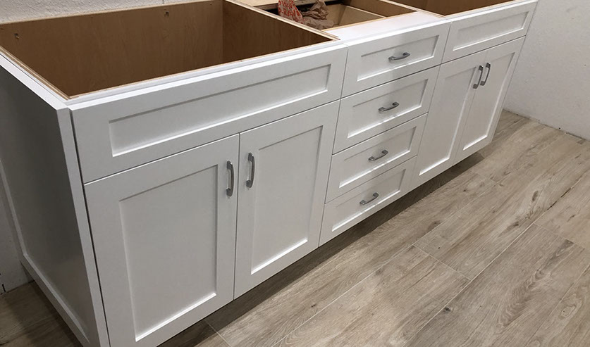 Maple Shaker Style Double Bathroom Vanity with a Rich Mahogony Lacquer Finish.