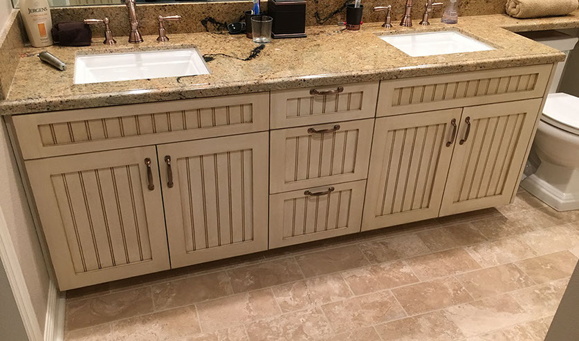 Maple Shaker Style Double Bathroom Vanity with a Rich Mahogony Lacquer Finish.