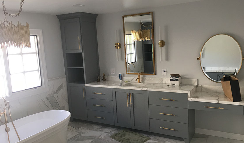 Maple Shaker Style Double Bathroom Vanity with a Rich Mahogony Lacquer Finish.