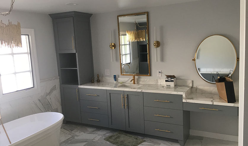 Maple Shaker Style Double Bathroom Vanity with a Rich Mahogony Lacquer Finish.