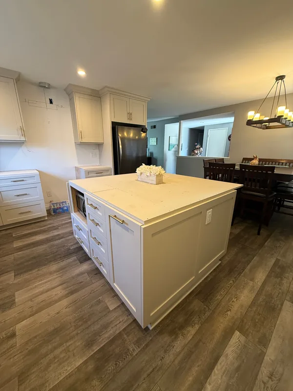 Painted shaker kitchen island seen from the dining side, Camarillo