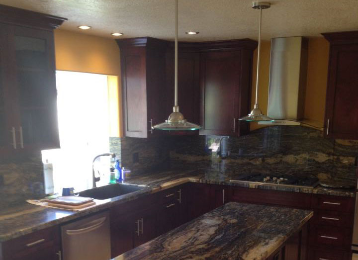 Frameless Alder Kitchen with Shaker Style doors with a Merlot Lacquer Finish