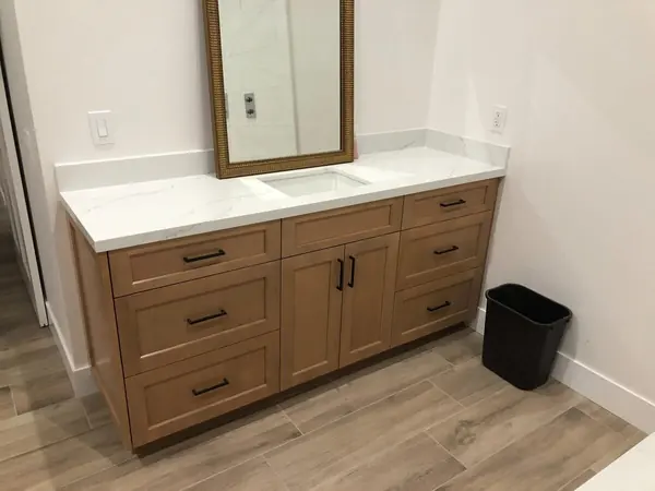 Primary bathroom vanity with a gold mirror